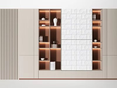 Modern Decorative Cabinet With Layered Shelves Geometric Panels And Embedded Lighting Ornaments 3d model