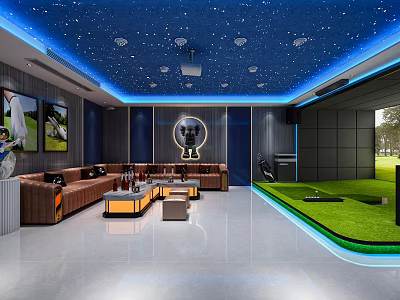 Recreation Room With Starry Sky Ceiling Brown Sofa Coffee Tables And Indoor Golf Green Lawn 3d model