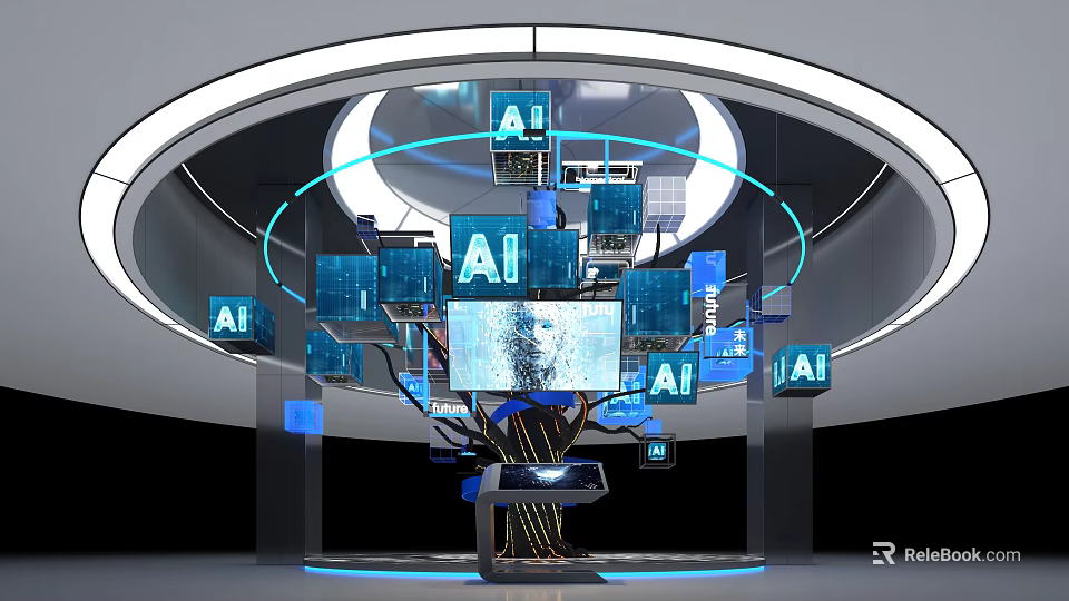 AI Tech Exhibition Hall With Interactive Digital Screens And Floating AI Displays 3d model 