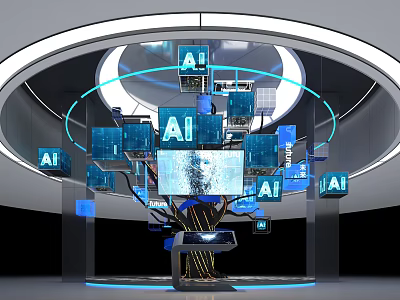 AI Tech Exhibition Hall With Interactive Digital Screens And Floating AI Displays 3d model