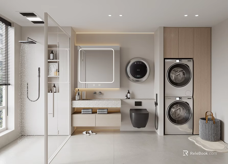 Modern Bathroom Interior Design With Shower Mirror Washing Machine Dryer Toilet And Vanity 3d model 