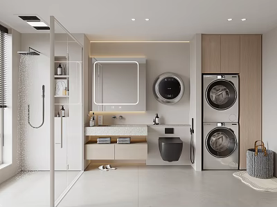 Modern Bathroom Interior Design With Shower Mirror Washing Machine Dryer Toilet And Vanity 3d model