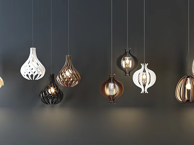 Modern Decorative Pendant Lights With Various Unique Designs Hanging In Row 3d model