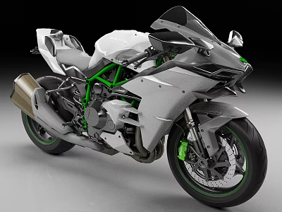Silver White Motorcycle With Green Accents And Sporty Design 3d model