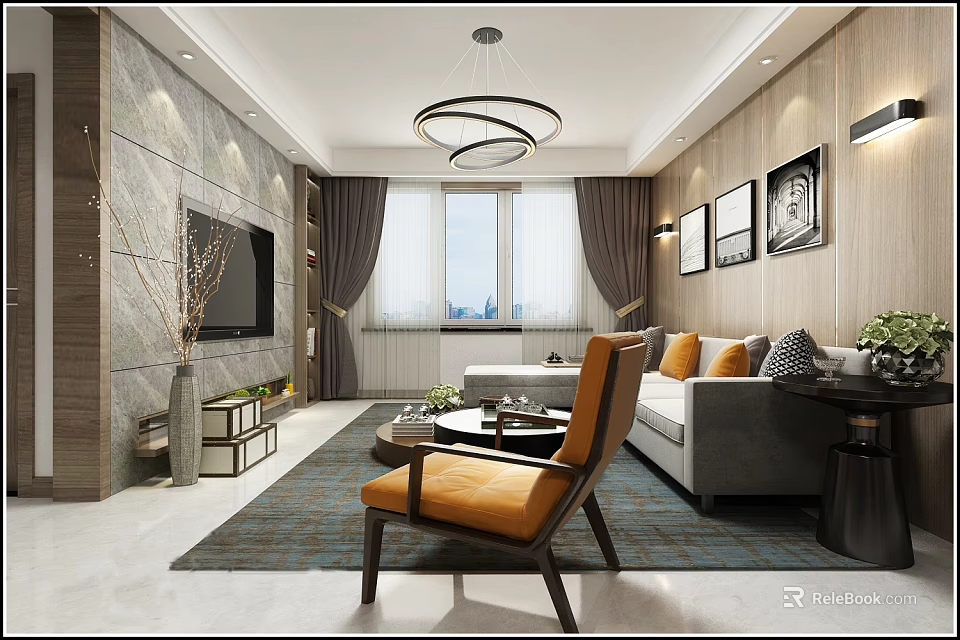 Modern Light Luxury Living Room With Marble TV Wall Comfortable Sofa And Chic Decorations 3d model 