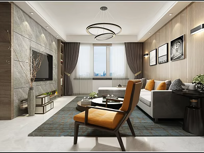 Modern Light Luxury Living Room With Marble TV Wall Comfortable Sofa And Chic Decorations 3d model