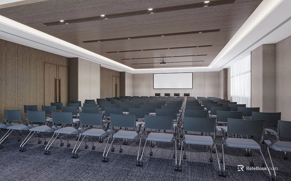 Spacious Modern Meeting Room Interior With Projection Screen And Gray Folding Chairs 3d model