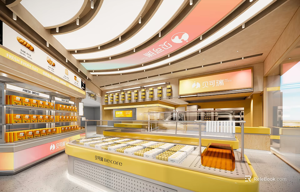 Elegant Modern Bright Dessert Shop With Yellow Orange Counter Display Shelves And Sign 3d model 