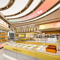 Elegant Modern Bright Dessert Shop With Yellow Orange Counter Display Shelves And Sign