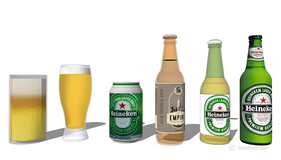 Assorted Beer Bottles Cans and Glasses with Heineken Empire Brand Labels 3d model 