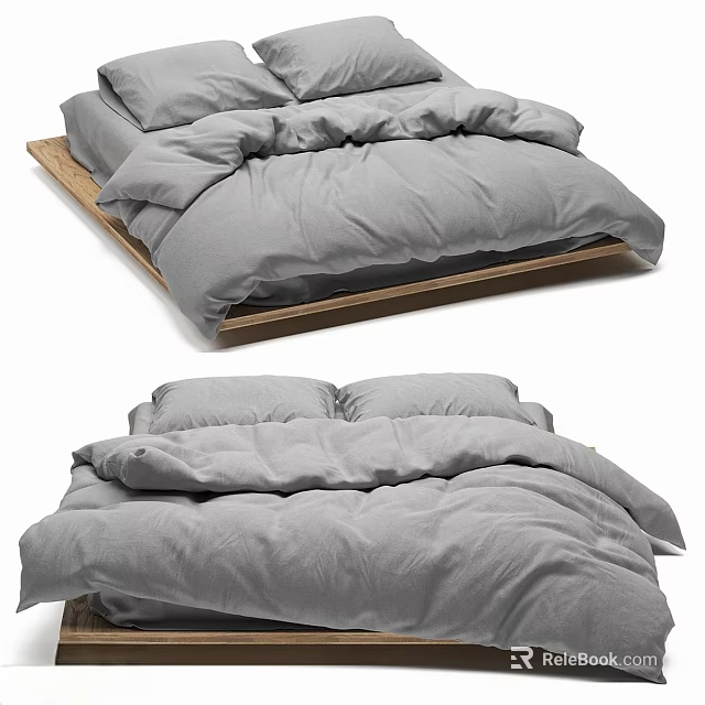 Modern Double Bed With Soft Gray Linen Bedding And Wooden Frame Design 3d model 