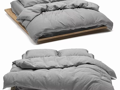 Modern Double Bed With Soft Gray Linen Bedding And Wooden Frame Design 3d model