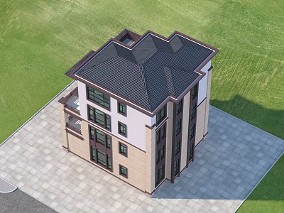 Modern Detached Villa With Black Roof White Brown Exterior Green Lawn And Paved Courtyard 3d model