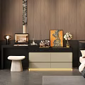 Modern Bedroom Dressing Table With Black Countertop Beige Drawers White Stool And Artwork