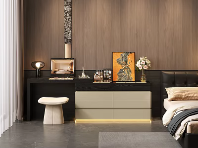 Modern Bedroom Dressing Table With Black Countertop Beige Drawers White Stool And Artwork 3d model