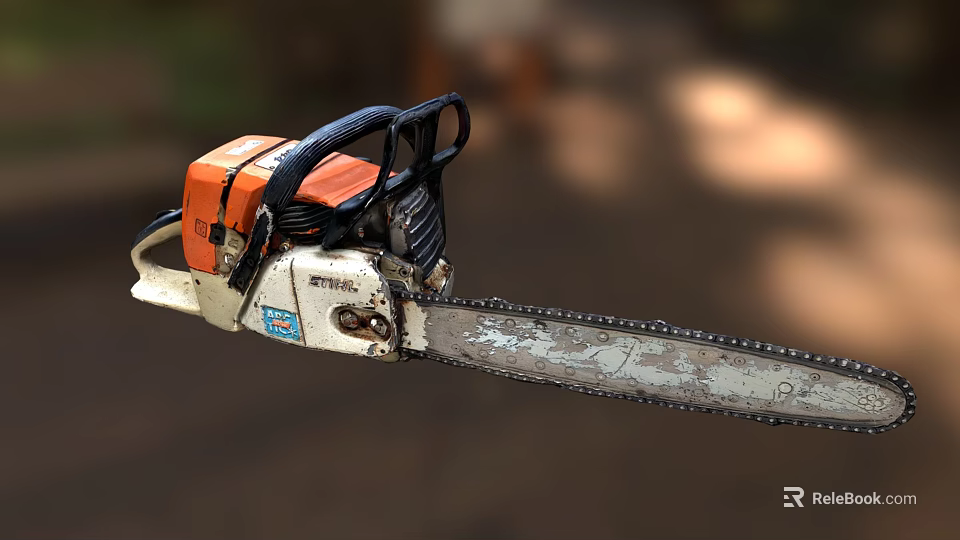 Industrial Chainsaw With Orange Engine Cover Black Handle White Body And Worn Chain 3d model 