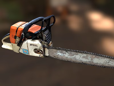 Industrial Chainsaw With Orange Engine Cover Black Handle White Body And Worn Chain 3d model