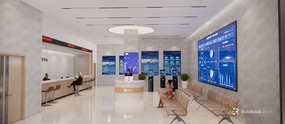 Modern Service Hall Interior Design With Service Counter Staff Waiting Chairs And Screens 3d model 