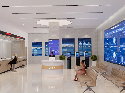 Modern Service Hall Interior Design With Service Counter Staff Waiting Chairs And Screens 3d model