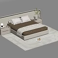 Modern Double Bed with White Headboard Brown Mattress White Nightstands Table Lamp and Green Plant