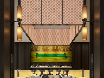 Luxury Clubhouse Interior With Lattice Screen Pendant Lights And Bar Counter Seating 3d model