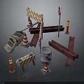 Road Construction Scene Components With Traffic Cones Barriers Sandbag Metal Rails And Stop Sign