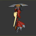 Red Mech Warrior With Long Golden Weapons And Umbrella Like Head Design