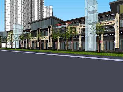 Modern Commercial Complex With High Rise Buildings Street Front Greenery And Glass Facade 3d model