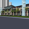 Modern Commercial Complex With High Rise Buildings Street Front Greenery And Glass Facade