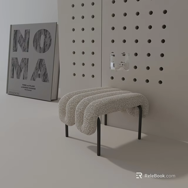 Modern Fluffy Upholstered Side Table With Black Legs And Perforated Dot Wall Background 3d model 