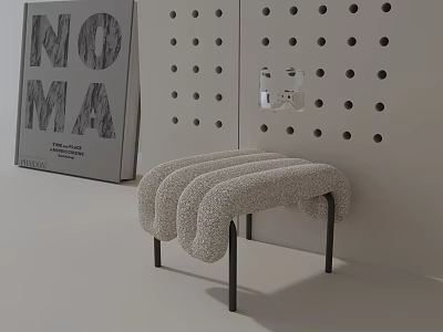 Modern Fluffy Upholstered Side Table With Black Legs And Perforated Dot Wall Background 3d model