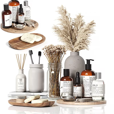 Stylish Bathroom Accessories With Wooden Tray Aromatherapy Bottles Brushes And Dried Flowers 3d model