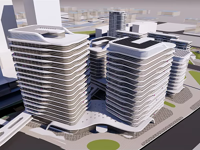 Modern Office Buildings With Wavy Facade And Solar Panels In Urban Area 3d model