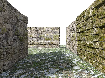 Rustic Stone Walls And Wooden Elements Along Natural Pathway With Mossy Ground 3d model
