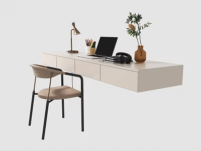 Modern Home Office Desk With Chair Table Lamp Laptop And Potted Plant 3d model