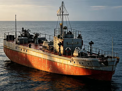Orange Red And White Warship Sailing On Ocean With Deck Equipment At Sunset 3d model