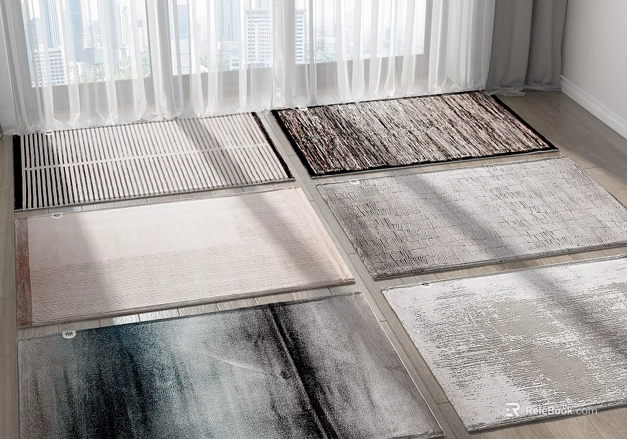 Various Square Rugs With Different Textures Displayed In Bright Room With Natural Light 3d model 