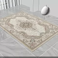 Ornate Square Rug With Traditional Floral Pattern On Gray Tile Floor And White Floor Lamp