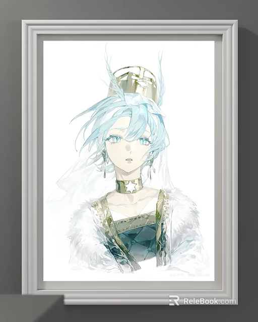 Anime Character Portrait With Blue Hair Golden Crown Green Outfit And White Feather Details 3d model 
