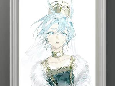 Anime Character Portrait With Blue Hair Golden Crown Green Outfit And White Feather Details 3d model