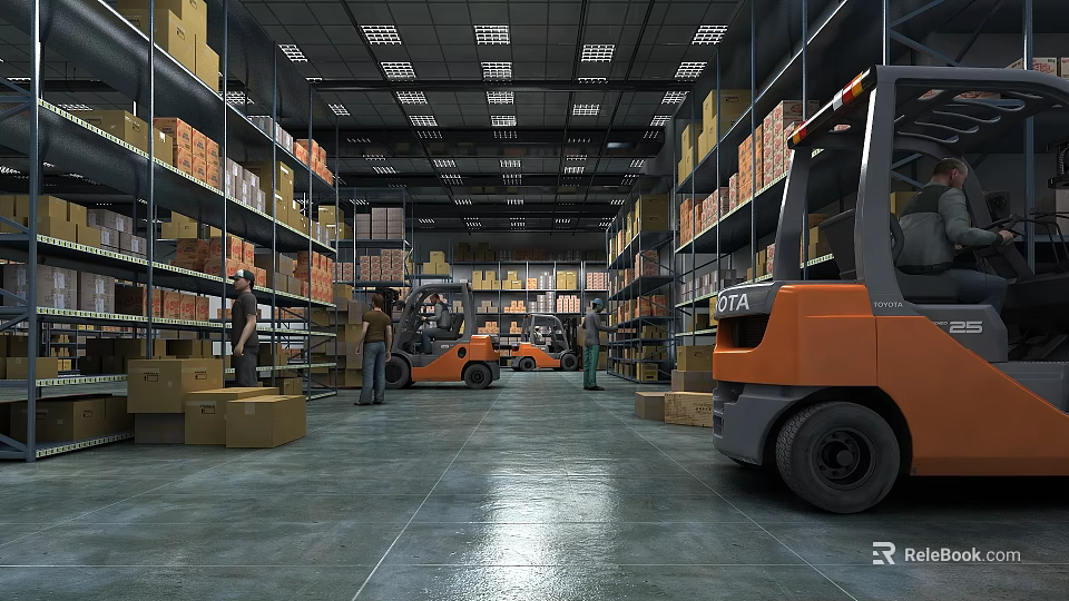 Warehouse Interior With Workers Operating Forklifts And Stacked Shelves With Boxes 3d model