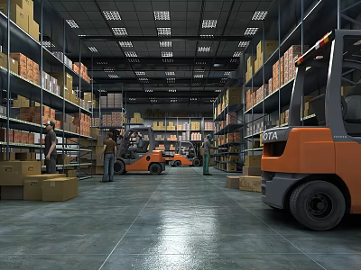 Warehouse Interior With Workers Operating Forklifts And Stacked Shelves With Boxes 3d model