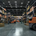 Warehouse Interior With Workers Operating Forklifts And Stacked Shelves With Boxes 3d model