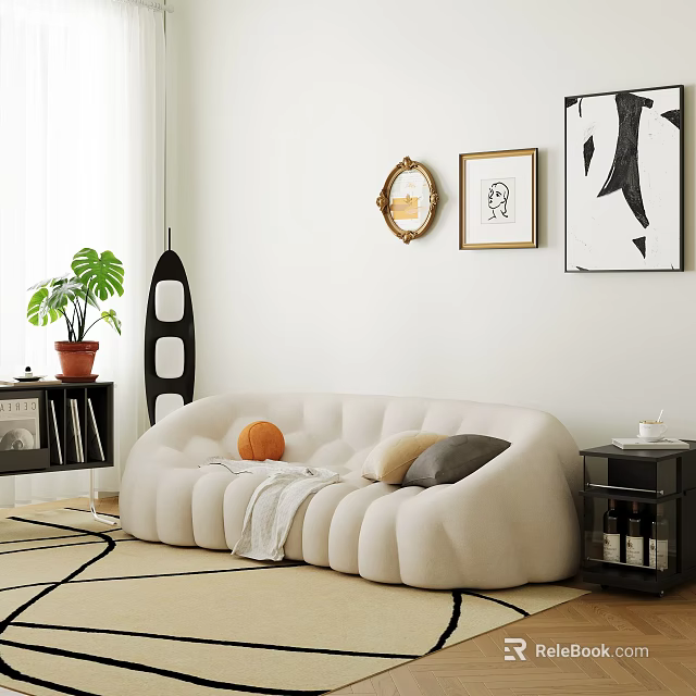 Stylish Pumpkin-Shaped Two-Seater Sofa with Throw Pillows Side Table Plant and Wall Art on Rug 3d model 