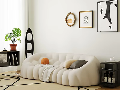 Stylish Pumpkin-Shaped Two-Seater Sofa with Throw Pillows Side Table Plant and Wall Art on Rug 3d model