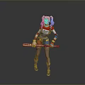 Colorful Haired Female Character With Blue Red Pigtails Holding Baseball Bat And Stylish Outfit