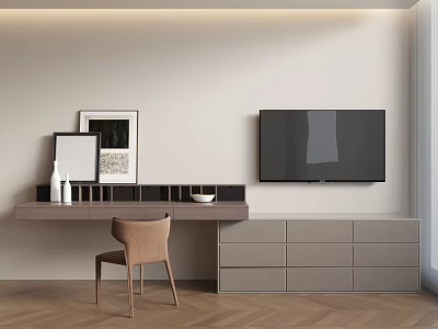 Modern TV Stand Interior With Wall Mounted TV Desk Chair And Decorative Frames 3d model