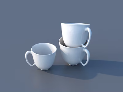 Simple White Ceramic Tableware Set With Three Stacked And Single Mugs 3d model