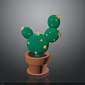 Green Cactus Plant with Yellow Dots and White Flowers in Orange Pot on Dark Background
