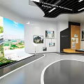 Modern Showroom Interior Design With Curved Ceiling Wall Display Graphics Central Table And Curved Floor